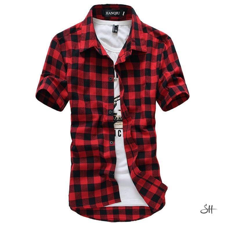 Summer Short-Sleeved Plaid Cotton Men&rsquo;s Shirt