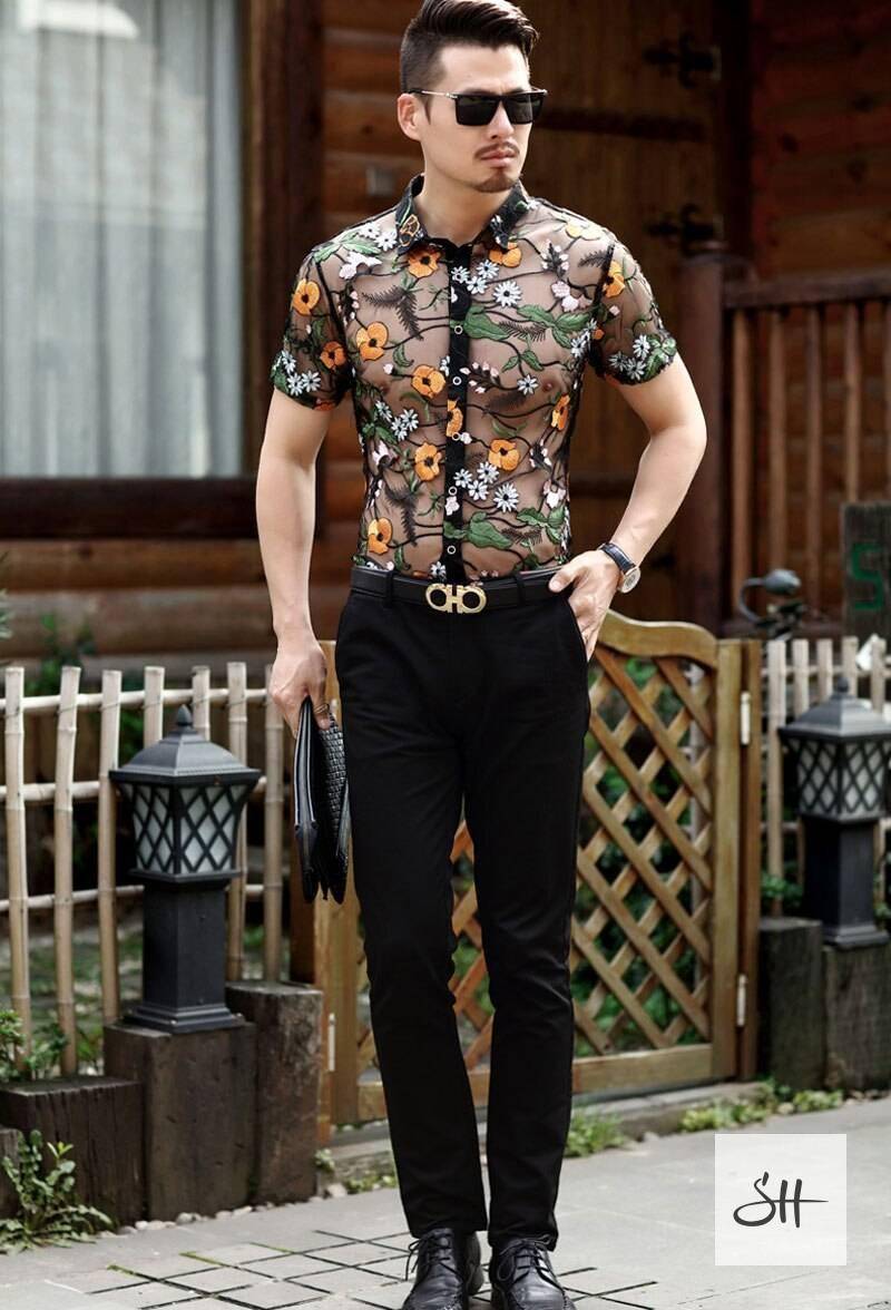 Luxury Embroidery Floral Lace Men Shirt