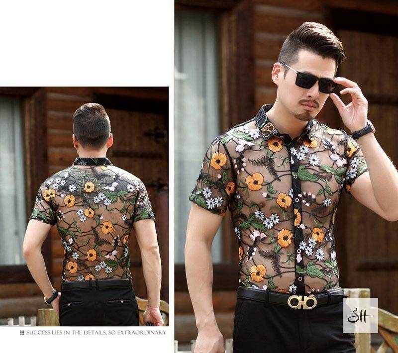 Luxury Embroidery Floral Lace Men Shirt