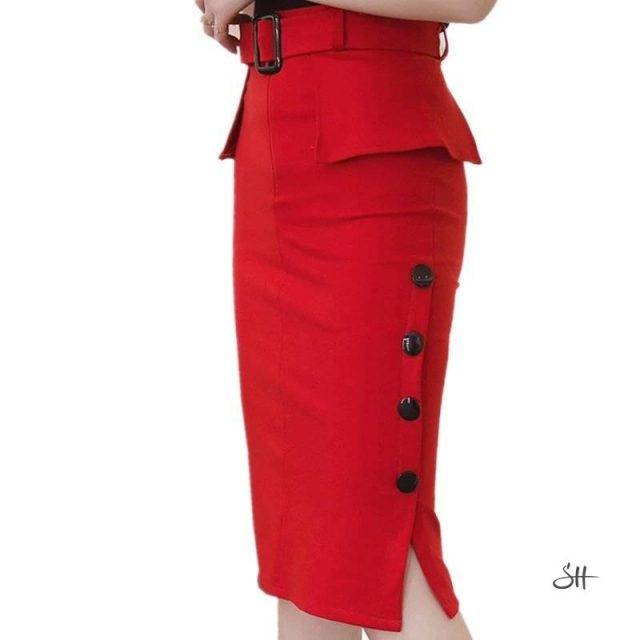 Women's Elegant High Waist Open Slit Midi Skirts Tops & Bottoms