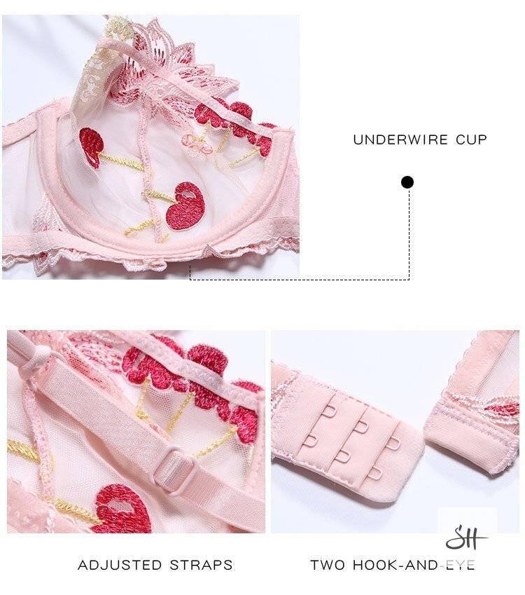 Women's Transparent Kawaii Cherry Embroidery Lingerie Set