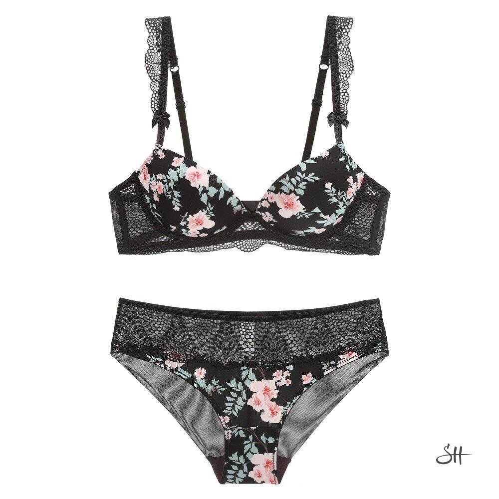 Women's Floral Print Lingerie Bra and Briefs Set
