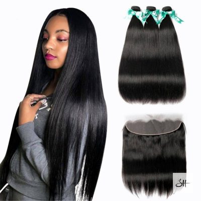 Brazilian Straight Human Hair Weave Bundles With 13*4 Frontal Lace Closure Human Hair Wigs & Extension Bundles