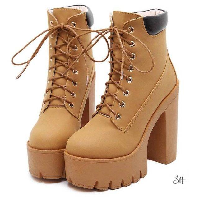 Gdgydh Fashion Spring Autumn Platform Ankle Boots Women Lace Up Thick Heel Platform Boots Ladies Worker Boots Black Big Size 42