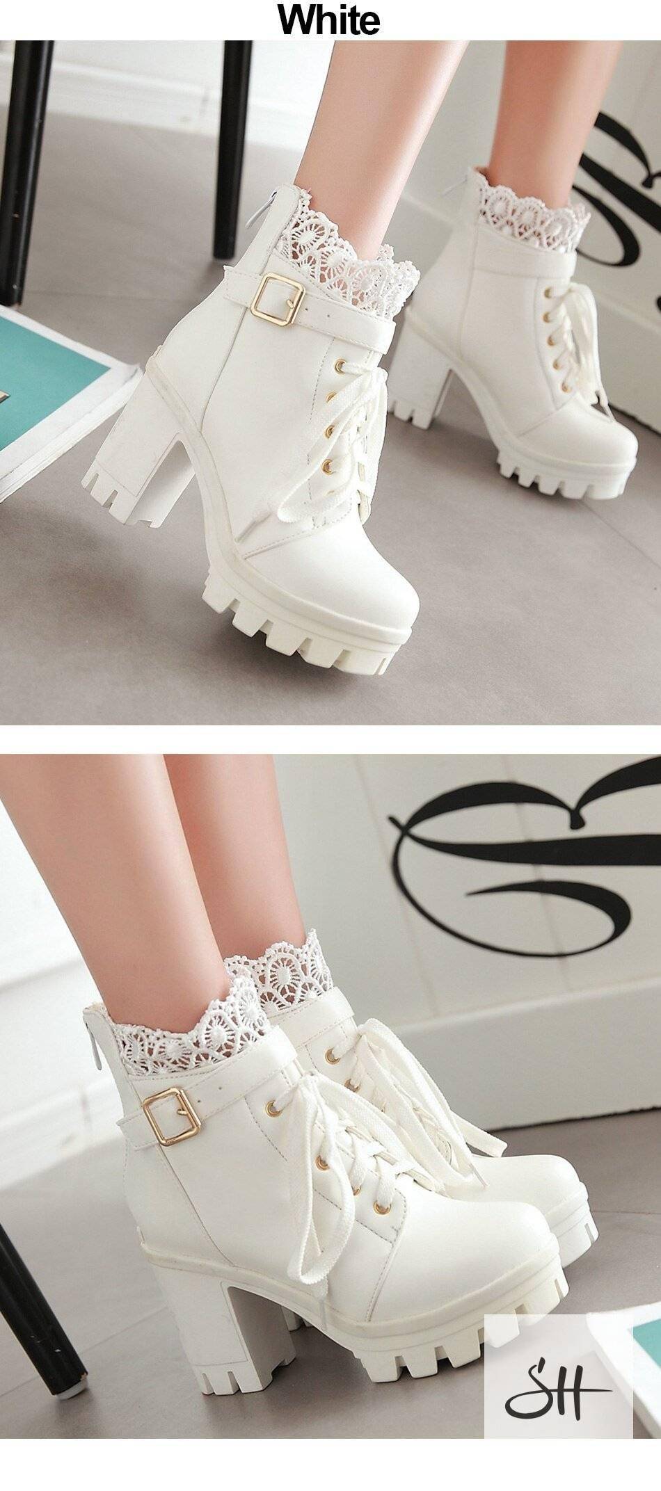 Gdgydh 2020 Spring News Ankle Boots Thick High Heels Women Boots Sexy Lacing Round Toe Platform Ladies Shoes Large Sizes 34-43