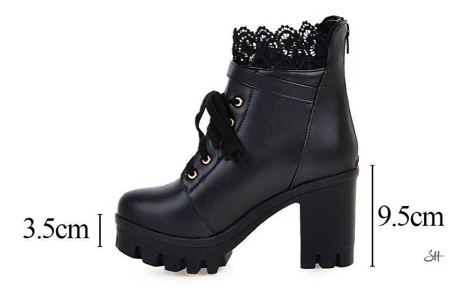 Gdgydh 2020 Spring News Ankle Boots Thick High Heels Women Boots Sexy Lacing Round Toe Platform Ladies Shoes Large Sizes 34-43