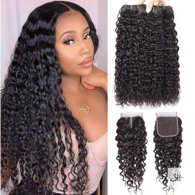 Curly Brazilian Water Wave Bundles With Closure Human Hair Wigs & Extension Bundles